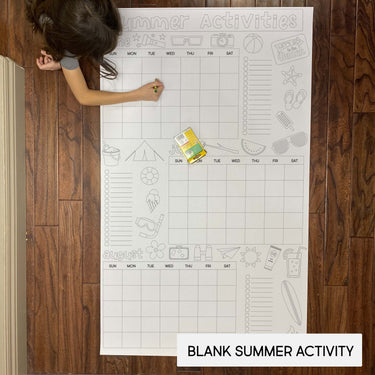 Blank summer activity chart on a wooden floor with a child interacting with it.